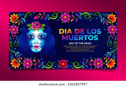 Dia De Muertos Social Media Poster with La Calavera Catrina and mexican folk art  decorative frame