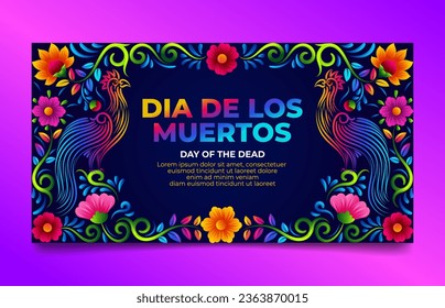 Dia De Muertos Social Media Banner with Bright colorful mexican decorative flower