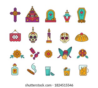 Dia de Muertos - solid icons in bright colors. Day of The Dead - Calavera symbols. Sugar skulls, bread Pan de Muertos, paper flag Papel picado, altar ofrenda, christian cross and more