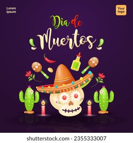 Dia de muertos. Sugar skulls with hats, candles, cacti, flowers, tequila, maracas and chili peppers. Suitable for events