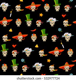 Dia de Muertos. Variety of Mexican style skulls. Seamless background pattern. Vector illustration