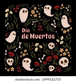 Día de Muertos.Postal en honor al Día de Muertos.Festival de música tradicional mexicana, divertidos personajes de baile brillantes.Anuncio del mes de la herencia hispana nacional con flores tropicales.Fondo oscuro.