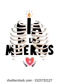 Dia de pos Muertos greeting card or invitation design with skeleton ribs. Day of the dead Mexican holiday fun hand lettering design isolated on white.