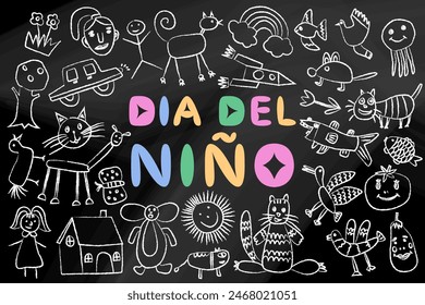 Dia del nino concept banner, poster. Doodles, children's drawings, naive images. Celebrating World Children's Day. Vector illustration isolated on a color background.