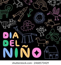 Dia del nino concept banner, poster. Doodles, children's drawings, naive images. Celebrating World Children's Day. Vector illustration isolated on a color background.