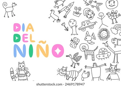 Dia del nino concept banner, poster. Doodles, children's drawings, naive images. Celebrating World Children's Day. Vector illustration isolated on transparent background.