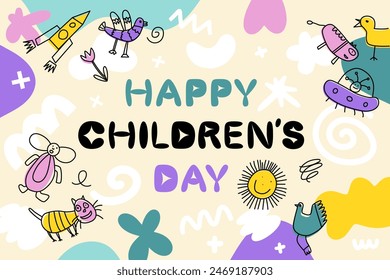 Anuncio del concepto Dia del nino, cartel. Garabatos, dibujos para niños, Imágenes ingenuas. Celebrando el Día Mundial del Niño. Ilustración vectorial aislada sobre un fondo de color.