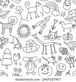 Dia del nino endless seamless pattern. Doodles, children's drawings, naive images. Celebrating World Children's Day. Vector illustration isolated on transparent background.