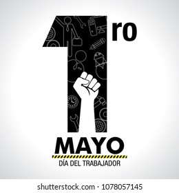 Dia del Trabajador - International Worker's Day in Spanish language - greeting card. Icons of woman, man, hammer, gears, fist, computer, pencil, clock inside number one in black on white background