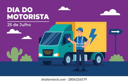 Dia do Motorista. Dia do Motorista flat vector illustration with truck driver giving thumbs up next to electric delivery cargo truck banner template. Driver's Day Brazil.