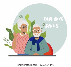 Dia dos Avós national holiday. Grandparents day hugging, cute married couple. Isolated vector illustration.