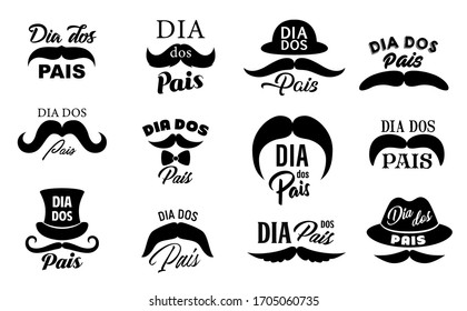 Dia dos pais Fathers day holiday vector icons, isolated monochrome set. Hipster mustache, lettering and hats. Male member or parent congratulation, fatherhood holiday celebration, daddy greetings