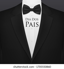 Dia Dos Pais Fathers day holiday vector greeting with bow tie, celebration of daddy honoring. Black bowtie, tuxedo and white shirt with laydown collar and Dia Dos Pais greetings