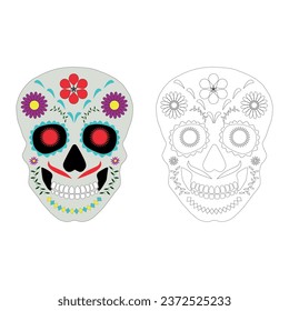 Dia Los Muertos, Day of the Dead or Mexican Halloween. Decorations with flowers can be used for painting. Skull vector illustration background.