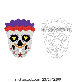 Dia Los Muertos, Day of the Dead or Mexican Halloween. Decorations with flowers can be used for painting. Skull vector illustration background.