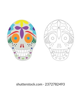 Dia Los Muertos, Day of the Dead or Mexican Halloween. Decorations with flowers can be used for painting. Skull vector illustration background.