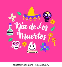 Dia Los Muertos Handwritten Card. Vector Illustration of Greeting Postcard Design Element with Lettering.