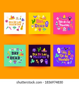 Dia Los Muertos Postcards. Vector Illustration of Mexican Holiday Greeting Cards.