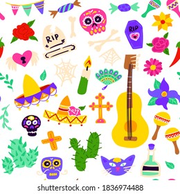 Dia Los Muertos Seamless Pattern. Vector Illustration of Mexican Holiday Background.