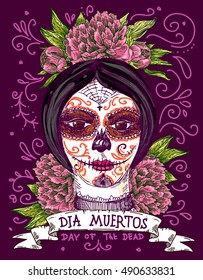 Dia muertos. Illustration for mexican day of the dead. Girl with make up of sugar skull. 