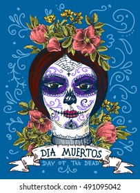 Dia muertos. Illustration for mexican day of the dead. Girl with make up of sugar skull. 