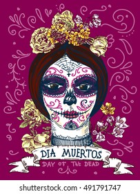 Dia muertos. Illustration for mexican day of the dead. Girl with make up of sugar skull. 