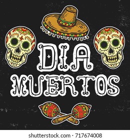 Dia Muertos Mexican, Day of dead holiday skull illustration for greeting card, invitation. Retro lettering banner poster template background. Dia muertos hand sketched banner