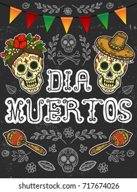 Dia Muertos Mexican, Day of dead holiday skull illustration for greeting card, invitation. Retro lettering banner poster template background. Dia muertos hand sketched banner