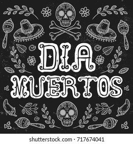 Dia Muertos Mexican, Day of dead holiday skull illustration for greeting card, invitation. Retro lettering banner poster template background. Dia muertos hand sketched banner