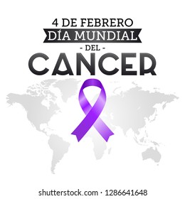 Dia mundial del Cancer, World Cancer Day 4 february spanish text. Ribbon and world map vector illustration