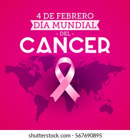 Dia mundial del Cancer - World Cancer Day 4 february spanish text. Pink ribbon with colors hands up background, vector illustration