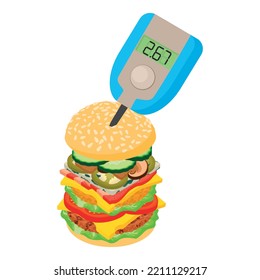 Diabete Prevention Icon Isometric Vector. Blood Glucose Meter And Hamburger Icon. Blood Glucose Control, Glycemic Index