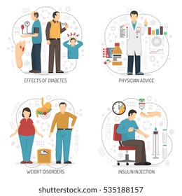 Diabetes 2x2 design concept set of symptoms weight disorders insulin injection and physician advice flat compositions vector illustration 
