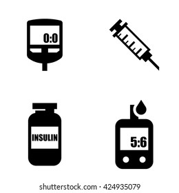 Diabetes Black Icon Set. Blood Glucose Test. Hand Holding Glucose Meter