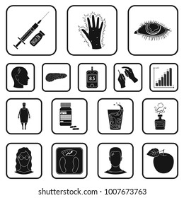 Diabetes black icons in set collection for design. Treatment of diabetes vector symbol stock web illustration.