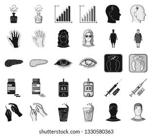 Diabetes black,monochrome icons in set collection for design. Treatment of diabetes vector symbol stock web illustration.