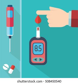 Diabetes Blood Glucose Test Hand Applying Blood Drop To Test Strip Of Glucose Meter - Flat Icon Set