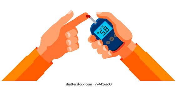 Diabetes, Blood Glucose Test. Medicine, Health Concept. Cartoon Vector Illustration