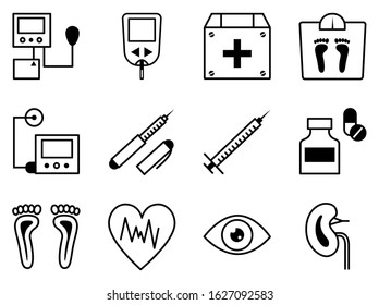 Diabetes and blood sugar measurement line icons. Diabetes disease icons set, glucose monitoring life. Collection modern infographic logo and pictogram