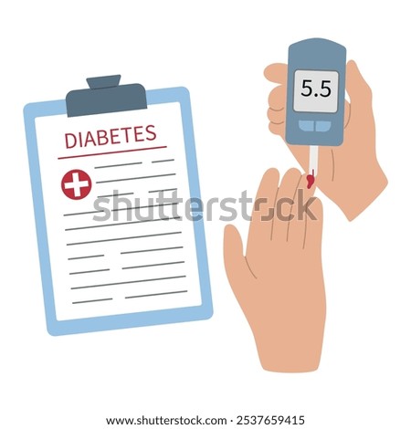 Diabetes Blood Sugar Test Vector Illustration,  hand using a glucometer with a blood drop and a clipboard labeled Diabetes with a medical report