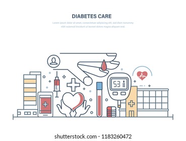 Diabetes care. Diabetes test, treatment, medical research, healthcare, prevention. Control of blood sugar level, medicamentous and insulin treatment. Illustration thin line design.