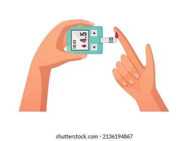 Diabetes Cartoon Composition With Human Hands Holding Test Gadget With Blood Drop Vector Illustration