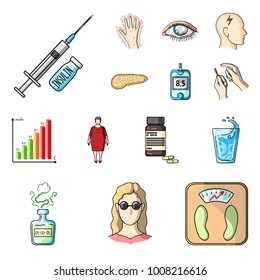 Diabetes cartoon icons in set collection for design. Treatment of diabetes vector symbol stock web illustration.
