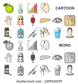 Diabetes cartoon icons in set collection for design. Treatment of diabetes vector symbol stock web illustration.