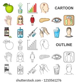 Diabetes cartoon icons in set collection for design. Treatment of diabetes vector symbol stock web illustration.