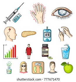 Diabetes cartoon icons in set collection for design. Treatment of diabetes vector symbol stock web illustration.