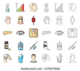 Diabetes cartoon,outline icons in set collection for design. Treatment of diabetes vector symbol stock web illustration.