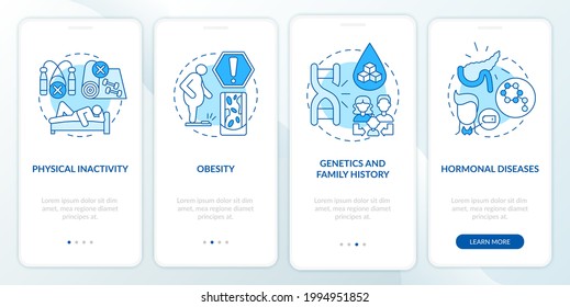 Diabetes verursacht Onboarding Mobile App Page Screen. Physische Inaktivität Durchlaufen Sie 4 Stufen grafische Anleitungen mit Konzepten. UI, UX, GUI-Vektorvorlage mit linearen Farbillustrationen