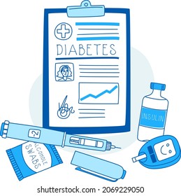 Diabetes In Children Line Vector Illustration. Medical Card, Insulin Kit, Blood Sugar Meter Doodle Style Drawing. Diabetic Patient Line Icons