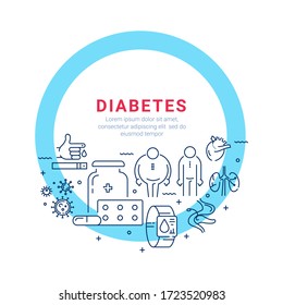 Diabetes. Circle poster with flat line icons. Measurement of blood glucose in healthy people and patients with diabetes. Concept for magazine design, brochure